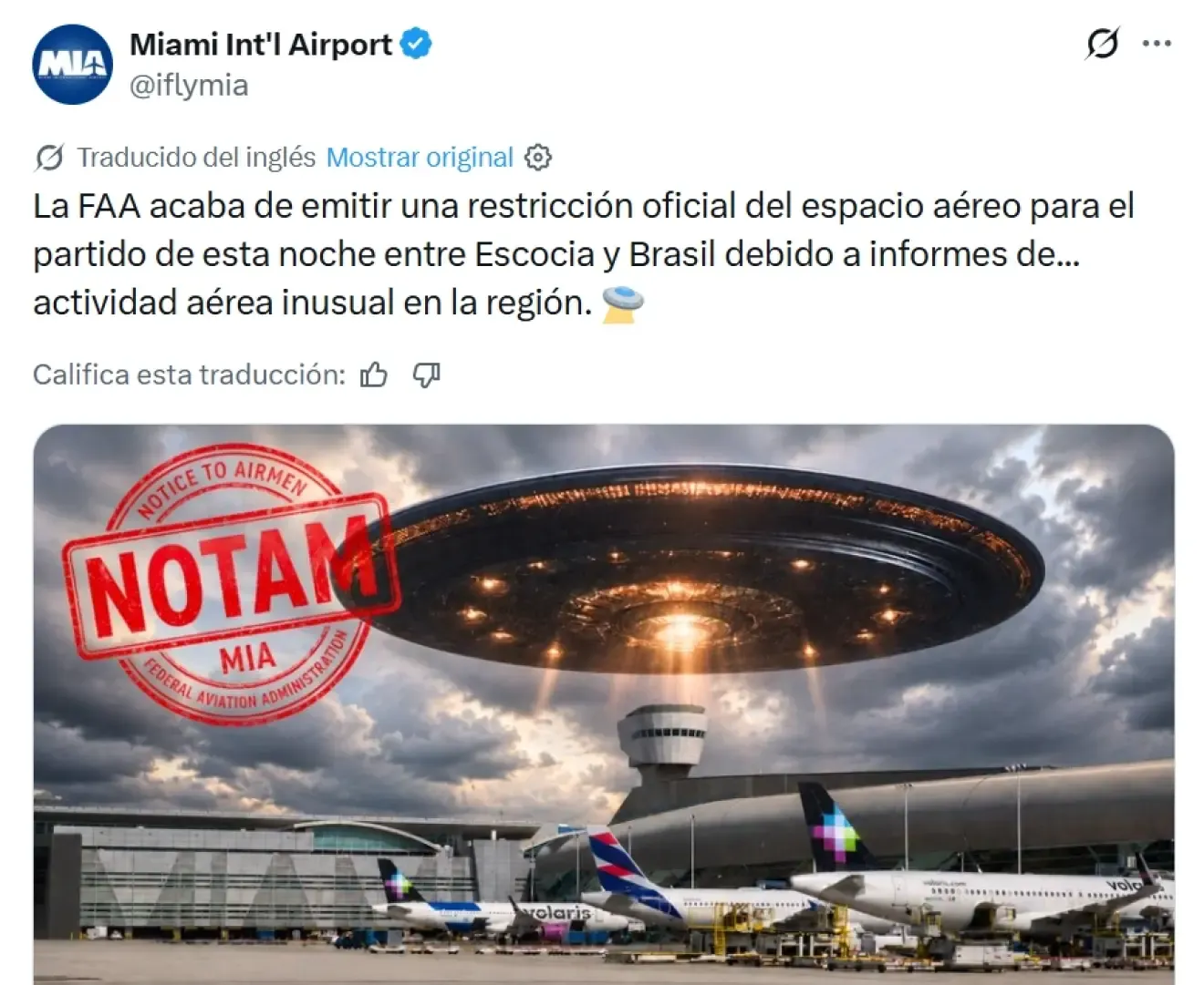 El meme de la cuenta oficial del aeropuerto de Miami antes del Escocia-Brasil.