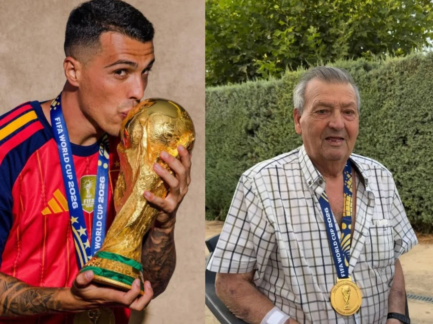 Foto: Pedro Porro besando la Copa del Mundo y su abuelo con la medalla de campeón del mundo. (Instagram/@pedroporro29_)